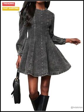 Long Sleeve Denim Shirt Dress High Waist A Line Mini Jean Dress